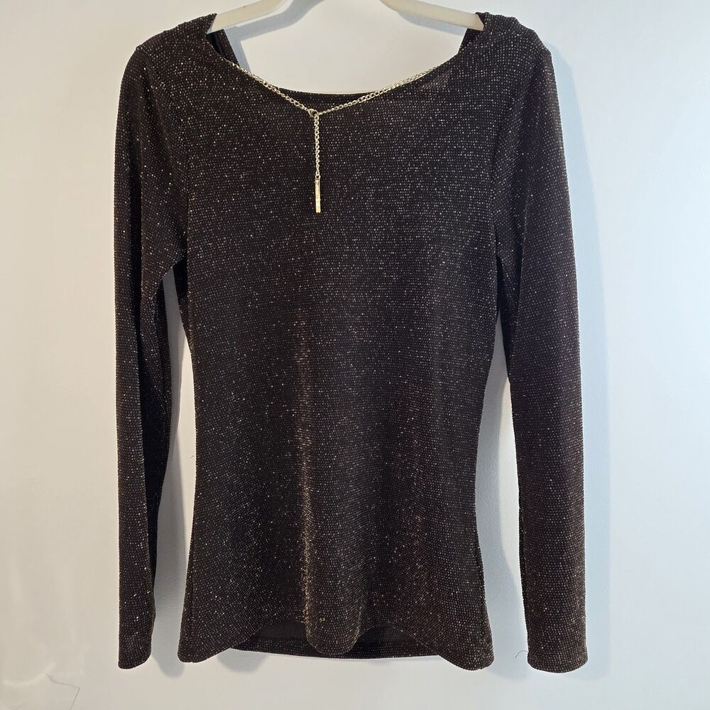 Michael Kors Metallic Cowl Neck Long Sleeve Top XS $89 MSRP Chocolate Gold